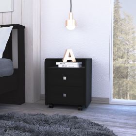 Modern and easy-to- install black bedside Nightstand with lower wheels for easy mobility, 2 drawers with 2 metal handles to open the storage and curve