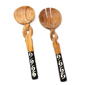 11 Inch Olive Wood Salad Serving Set with Twisted Handles   Jedando Handicrafts