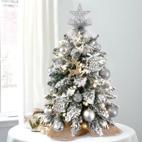 2ft Mini Christmas Tree With Light Artificial Small Tabletop Christmas Decoration With Flocked Snow, Exquisite Decor & Xmas Ornaments For Table Top Fo (Color: Silver)